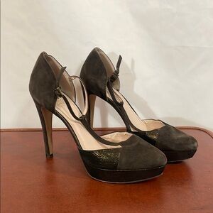Vince Camuto W 10 Black and Brown Stiletto T-Strap Mary Lane Heels Ankle Strap